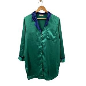 Victoria's Secret  gold label green blue satin button down shirt dress